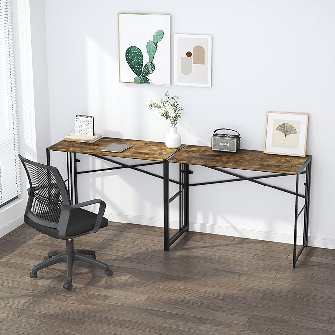 Lutown-Teen 35 inch Small Folding Computer Desk, Writing Gaming Computer Desk for Small Spaces, No Assembly Required Home Office Tale, Rustic Brown
