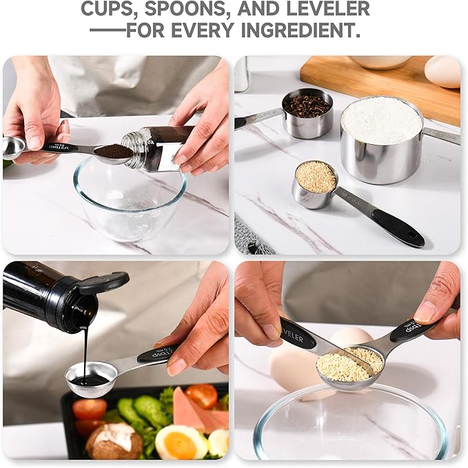 Magnetic Measuring Cups and Spoons Set, Strong N45 Magnets, 304 Stainless Steel, Double-Sided Measuring Spoons, 14-Piece Set with Leveler for Baking & Cooking