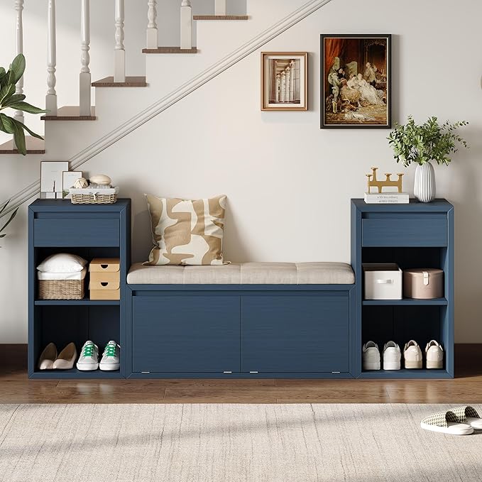 Merax All-in-One Shoe Storage Bench with Cushion & Flip Compartments, Entryway Bench with Drawers and Open Shelves, Solid Wood Vintage Storage Bench for Mudroom Hallway Living Room, Antique Navy