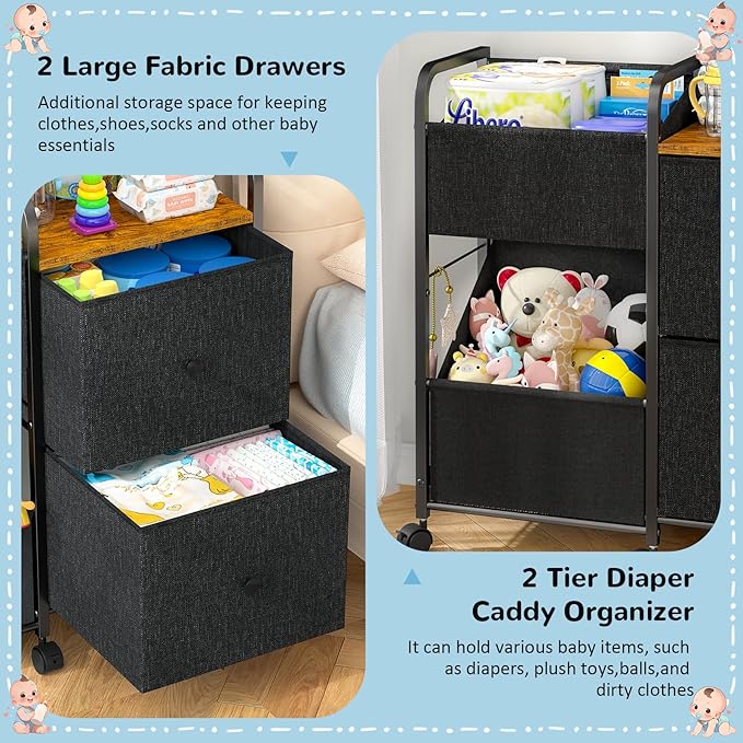 Baby Diaper Caddy Organizer Cart with Wheels, 2 Tier Rolling Cart with Dividers and Drawers, Mobile Utility Cart Bedside for Nursery, Bedroom, Baby Newborn Essentials Storage Cart, Black