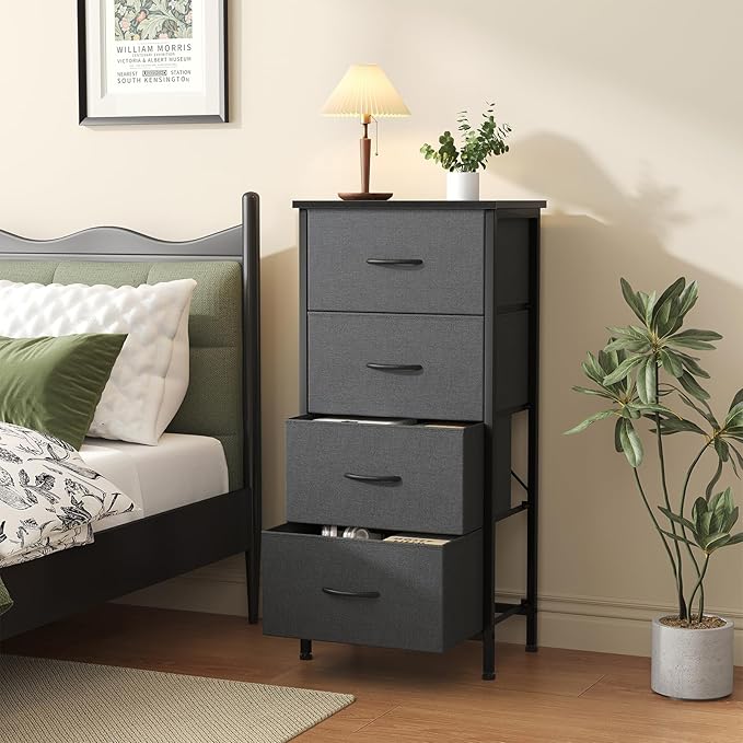 Sweetcrispy 4 Fabric Drawer Small Dresser, Bedside Nightstand with Wooden Top Sturdy Frame, Entryway Closet Bedroom Storage Cabinet Furniture for Dorm,Grey