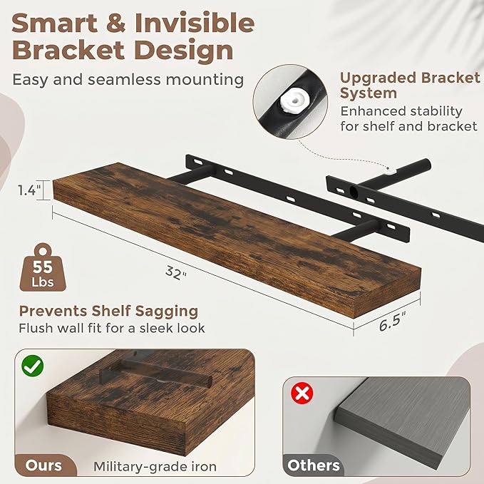 Venusmiles Floating Shelves for Wall, 32 Inch Floating Shelves Set of 2, 6.5" D Wooden Wall Mounted Display Shelves with Invisible Brackets for Living Room, Bedroom, Bathroom, Kitchen Decor, Brown