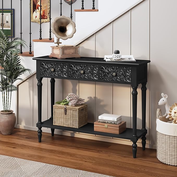 3More Entryway Console Table with 3 Drawers,42" Carved Hallway Table with Open Shelf,Long Sofa Table for Living Room, Hallway, Behind Couch,Black