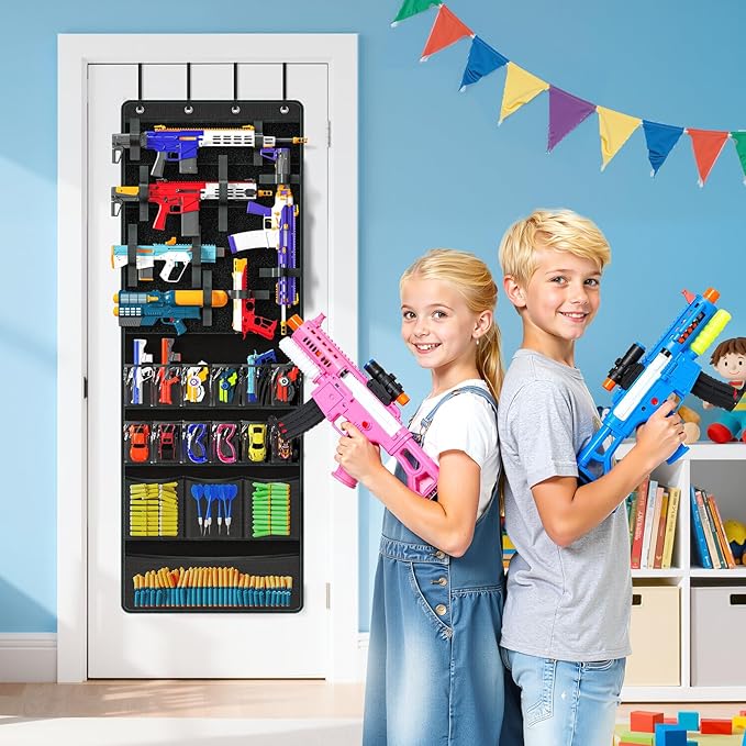 Over Door Toy Gun Storage, Hanging Organizer for Toy Guns, Hanging Toys Organizer with Pockets, Hook&Loop Straps for Foam Blasters, Darts, Goggle, Toys Storage Door Hanger for Kidroom, Gameroom, Black