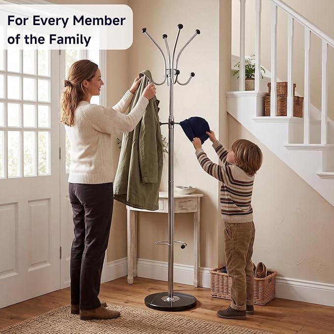Metal Coat Rack Freestanding with Natural Marble Base, coat rack stand with 11 Hooks & Umbrella Holder, heavy duty coat rack for Coats Hats for Entryway Bedroom Office（silvery）