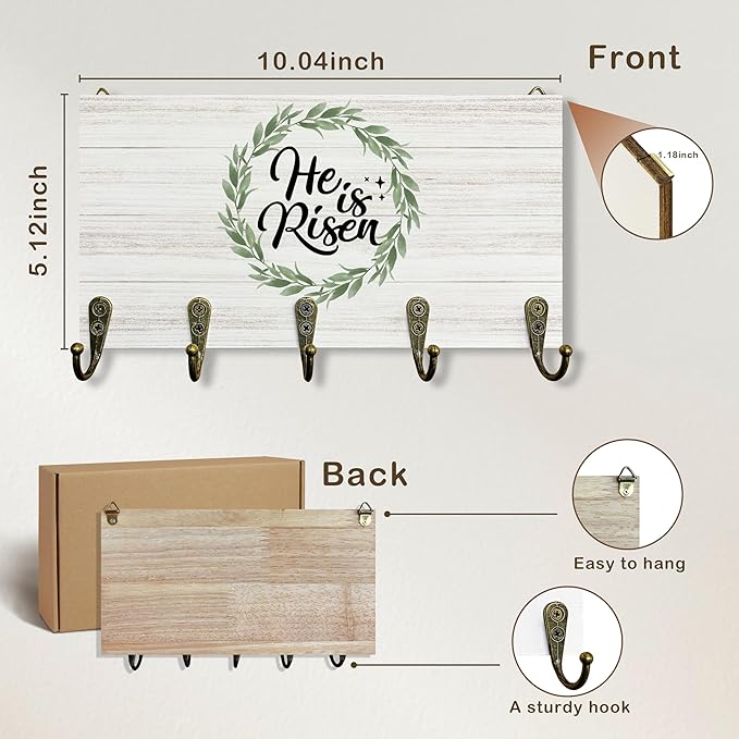 Easter He is Risen Key Holder for Wall 10"x5.12", Christian Easter Key Hanger Wall Mount, Religious Bible Verse Wooden Hanging Keys Holder Decor for Entryway Front Door（5 Hooks）