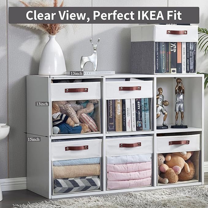 Bagnizer Storage Cubes, 4 Pack Linen Foldable Storage Bins with Clear Window and 2 Handles, 13x15x13 Storage Cube Bins for Shelf Closet, Kallax, Clothes, Books - (Gray / Off-White)