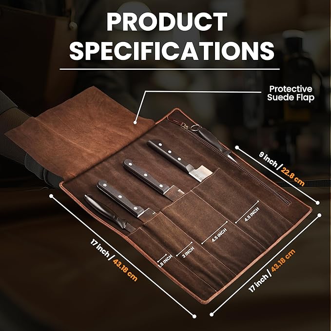 LEATHER VILLAGE Genuine Leather Knife Roll Bag – Professional Chef Carrying Case, Durable Sheath Holder, Cooks & Culinary Tools Organizer, Portable Travel Storage with 4 Slots & Zipper - Rustic Brown