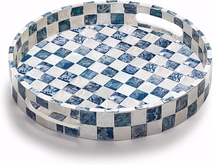 CHI AN HOME 12.6" Round Decorative Tray with Handles, Checkered Capiz Mother of Pearl Serving Tray for Coffee Table, Kitchen Counter, or Bathroom (Navy Blue)