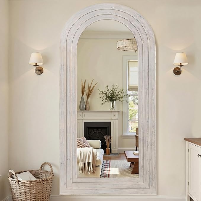 Antok Full Length Mirror with Solid Wood Frame, 81"×41" Wall Mounted Oversized Floor Mirror with Stand, Leaning Standing Hanging for Bedroom Living Room Entryway, White, Arched Syle