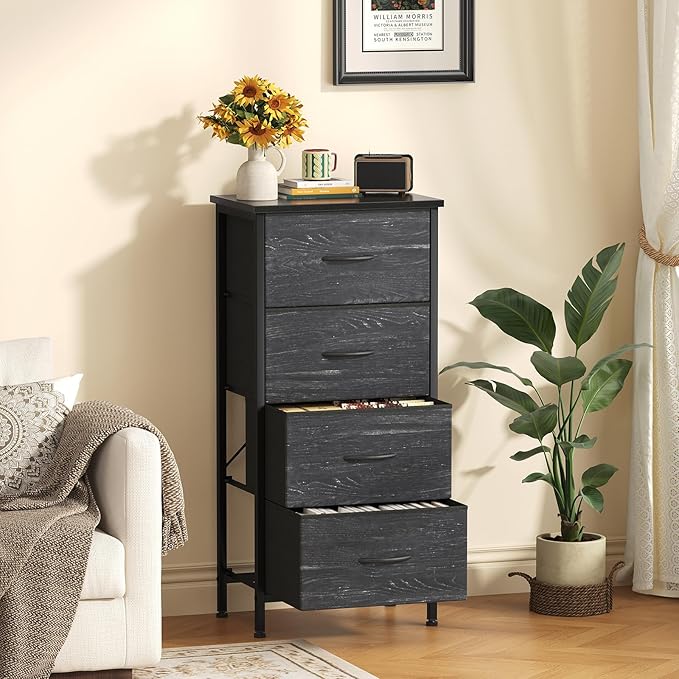 Sweetcrispy Nightstand Small Bedroom Dresser with 4 Fabric Drawers,Bed Side Furniture End Table,Wooden Top Cabinet Night Stand Dresser for Closet,Entryway,Dorm,Black Wood Grain
