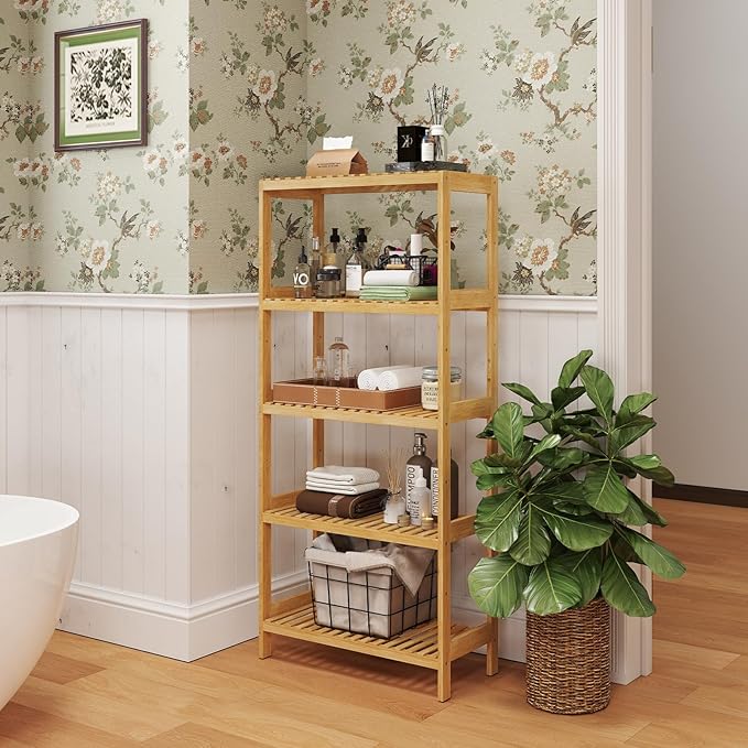 Bamboo Shelf,Bamboo Shelf Stand Utility Storage Shelf Multifunctional Bathroom Kitchen Living Room Holder Plant Flower Stand (5-Tier)