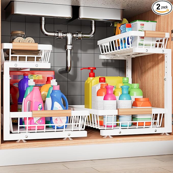 Under Sink Organizer, 2 Pack 2 Tier Under Sink Organizers and Storage, Slide Out Pull Out Cabinet Organizer Shelf, Height Adjustable Metal Drawer for Kitchen Bathroom Closet Organization Rack White