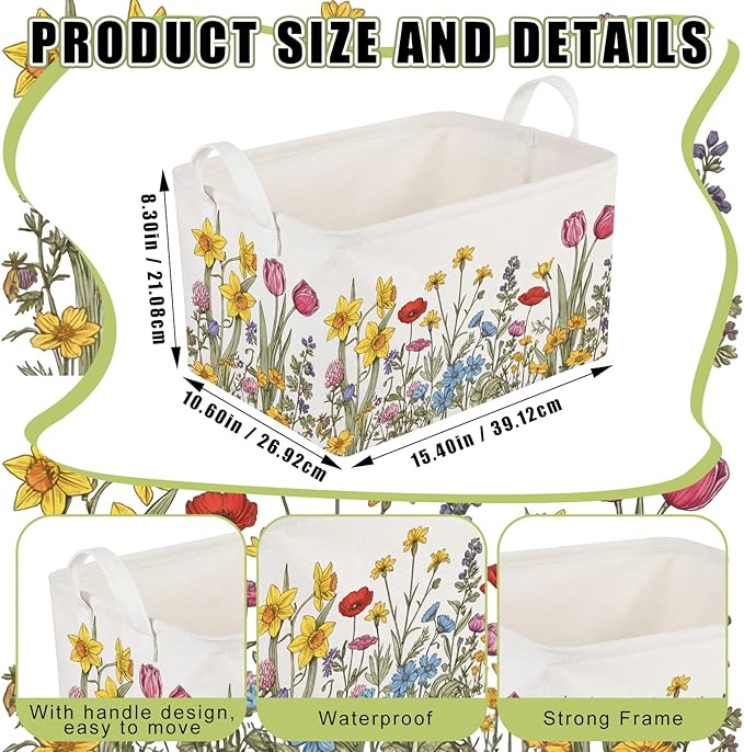 CHENGU 6 Pack Flower Storage Bins Collapsible Wildflower Baskets with Handles Large Multicolored Flower Basket Farmhouse Foldable Organizers Rustic Summer Home Decor for Spring Bedroom Office Home