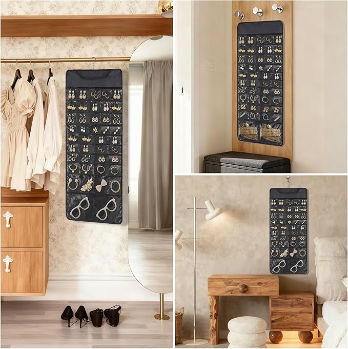 FOREGOER Hanging Jewelry Organizer Storage with 88 Zippered Pockets,Dustproof Foldable for Travel,Double-Sided Accessories Organizer Holder for Earring Necklace Ring on Closet Wall Door(Black,1 Pack)