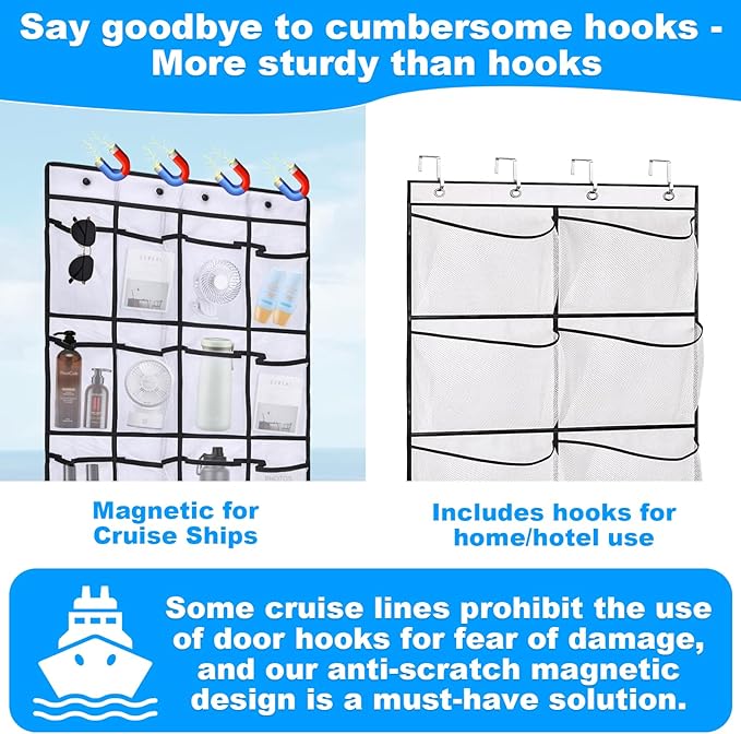 CTTZCKJ Over The Door Organizer For Cruise Ships|Magnetic Door Organizers with 24-Pocket for Cruise Ship|55"x21"|Cruise Over the Door Organizer,Magnetic Shoe Rack for Cruise,Behind-Door Storage