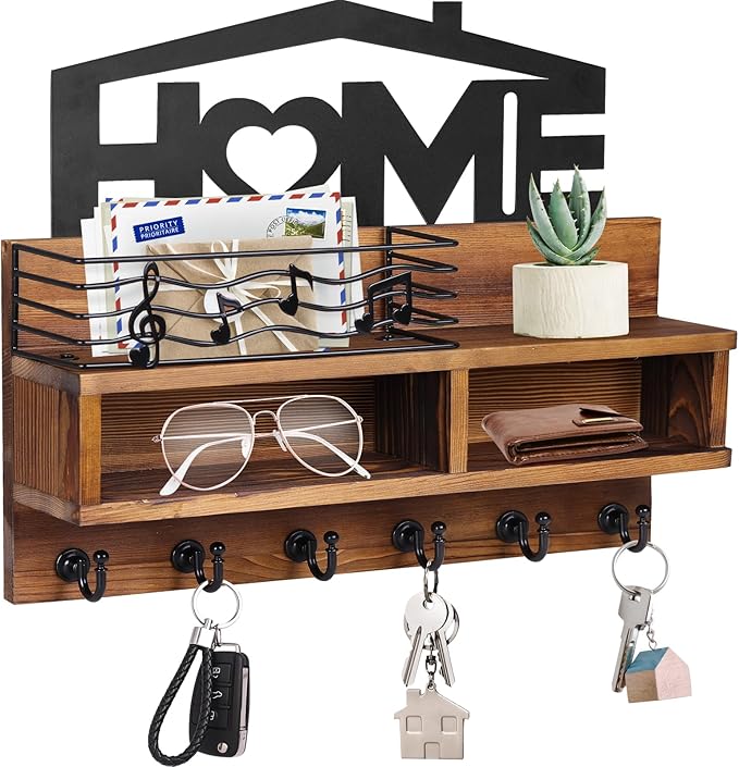 VIS'V Key Holder Wall Mount, Decorative Wooden Mail and Key Organizer with Storage Basket and Shelf, 2 Compartments, 6 Hooks, Brown
