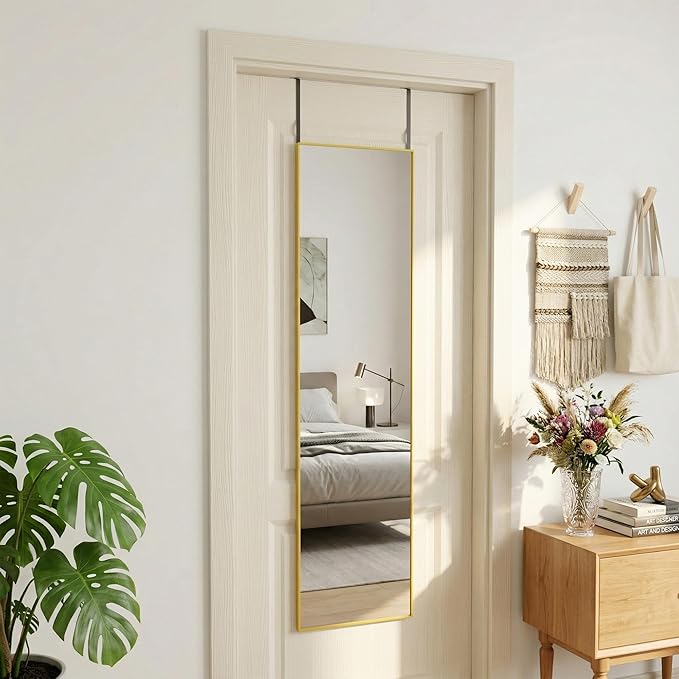 Antok Full Length Mirror, 56"x14" Floor Mirror with Stand, Hanging Mounted Mirrors for Bedroom, Living Room, Cloakroom, Dining Room, Gold, Rect