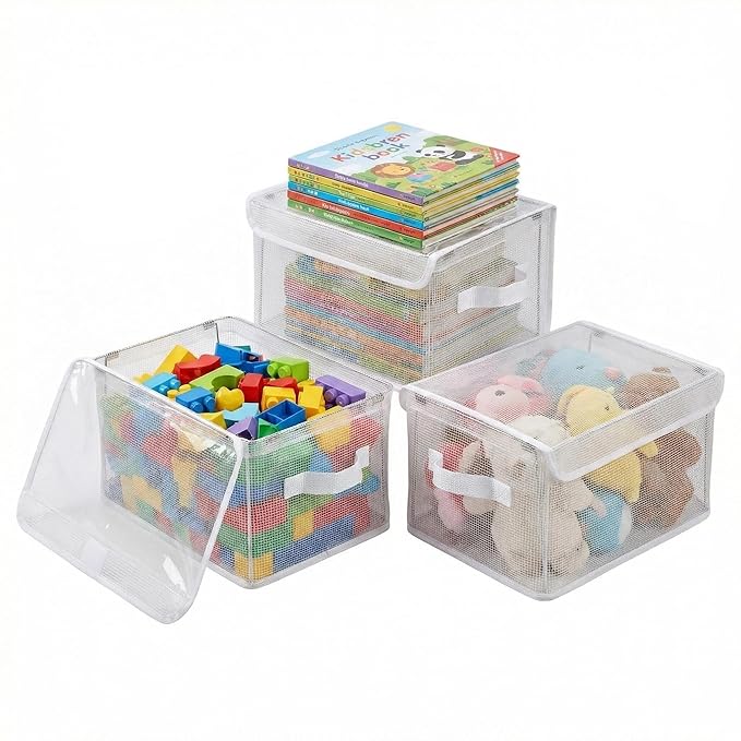 3-Pack Clear Toy Storage Baskets, Kids Room Organizer Bins with Handles, Foldable Closet Storage Containers for Nursery, Clothes, Toys, 11.8 x 9.45 x 6.7 in