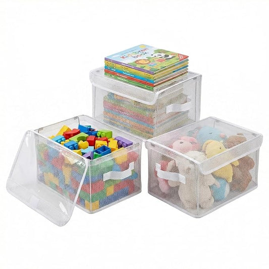 3-Pack Clear Toy Storage Baskets, Kids Room Organizer Bins with Handles, Foldable Closet Storage Containers for Nursery, Clothes, Toys, 11.8 x 9.45 x 6.7 in