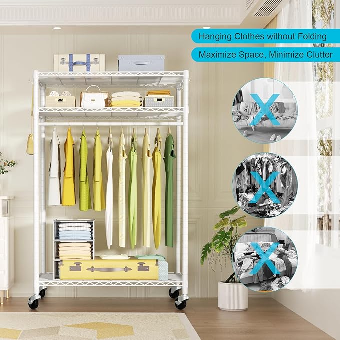 FUTASSI P3 Plus Rolling Clothes Rack, Clothing Racks for Hanging Clothes, Heavy Duty Garment Rack with Wheels, Freestanding Portable Closet Racks 45" W x 14" D x 78.5" H, Max Load 480 LBS, White
