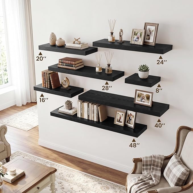 RICHFOCUS 40Inch Floating Shelves for Wall 1 Pack Shelves for Bedroom|Kitchen|Bathroom|Laundry Room Rustic Wood Wall Mounted Shelf with Invisible Brackets for Books|Storage|Decor, Black