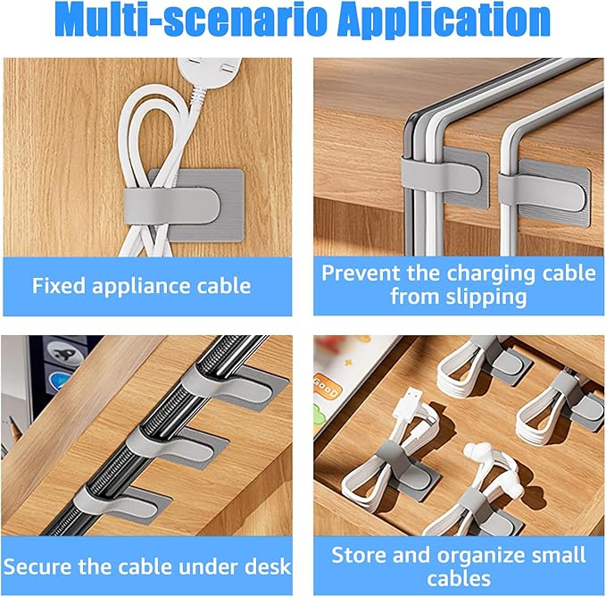 80PCS Hook and Loop Cable Ties, Under Desk Cable Management, Adhesive Cable Straps, Cord Management Hider Idea, Cord Organizer for Desk, Computer Accessories, Home Office Organization, Gray