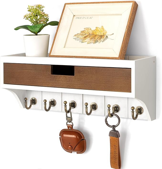 Rebee Vision Farmhouse Pine Wood Key Holder Wall Mount with Drawer Organizer – Decorative Mail Organizer with 6 Key Hooks & Wall Shelf – Home Organization and Room Decor (White & Retro Brown)