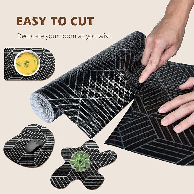 Shelf Liners for Kitchen Cabinets 23.6in x 20FT, Non Adhesive Cabinet Liner Strong Non-Slip Black and Silver Geometric Drawer Liner, Easy to Clean for Shelf, Cabinet with Knife and Tape Measure