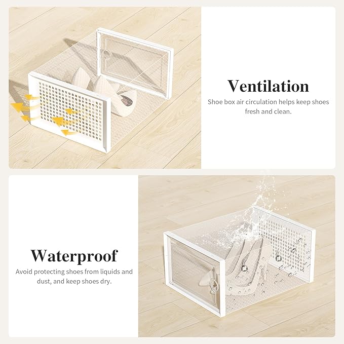 Kuject X-Large Shoe Storage Boxes Organizers Clear Plastic Stackable 12 Pack, Shoe Rack & Holder Substitute, Sneaker Containers, Toy Storage Organizer Bins for Entryway, Closet, Under Bed, White