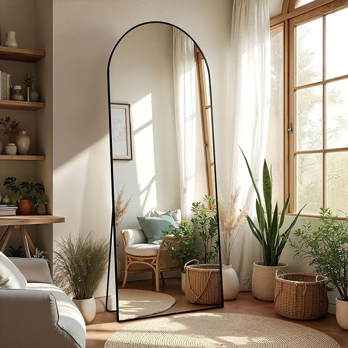 Arched Full Length Mirror 65"x24" - Floor Standing Body Mirror with Aluminum Frame,Leaning Hanging for Bedroom Cloakroom Living Room Black