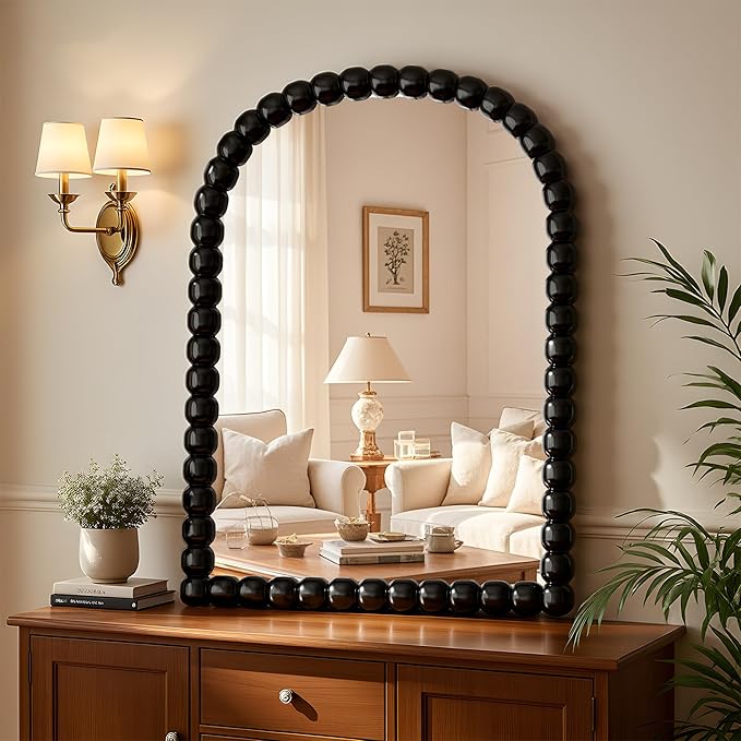 30"×38" Black Arched Bathroom Vanity Mirror, Vintage Beaded Decorative Wall Mounted Makeup Mirror, as Wall Decor Hanging Leaning for Fireplace Mantle, Living Room, Bedroom, Vanity Area