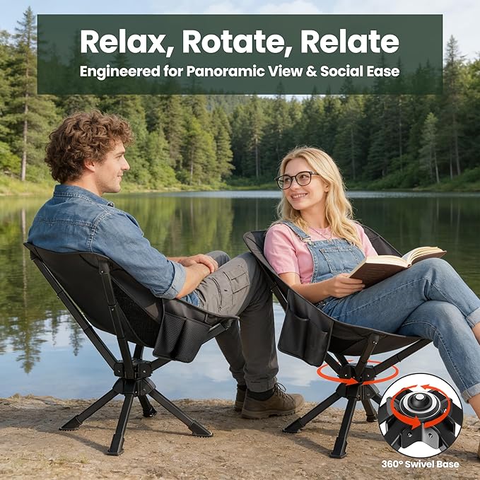 Folding Camping Chairs Lightweight & Portable, No Assembly, 360° Swivel Camping Chair for Adults, Compact Outdoor Chairs for Beach, Lawn, Travel, Backpacking, Hiking, Fishing