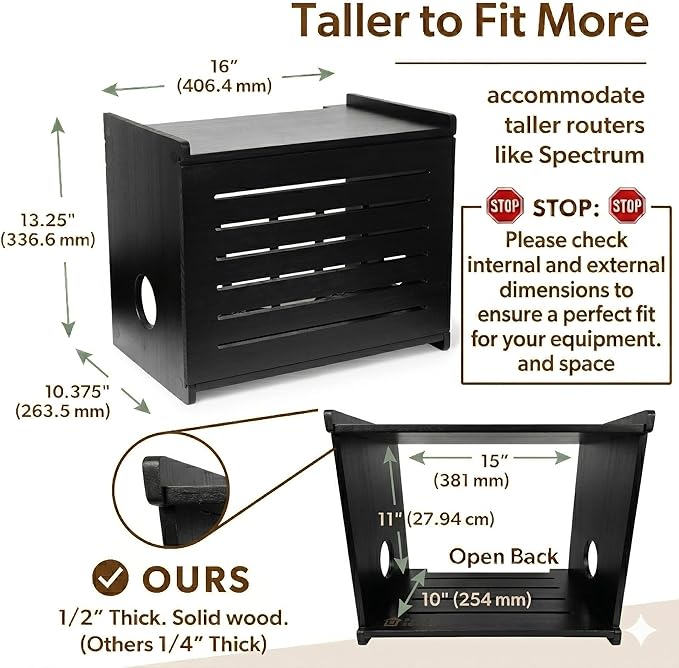 Wooden WiFi Router Storage Box - Deluxe Wall Mountable Decorative Modem Shelf Hider Cover with Cable Management System - Rustic Home Organization Solution for Most Routers Up to 11" Tall - Black