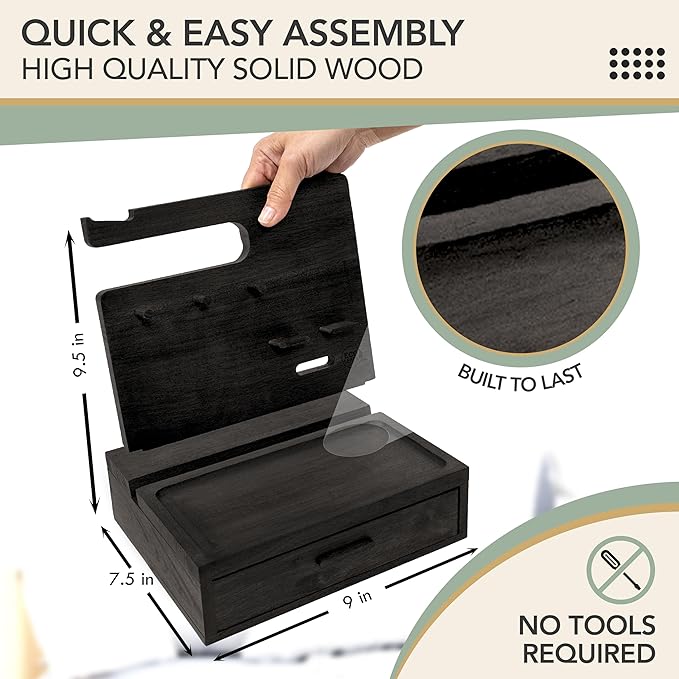 Nightstand Organizer for Men- Bedside Table Organizer with Drawer for Cellphone, Watches, Sunglasses & Accessories- Makes an Ideal Gift for Dad or Son (Black)
