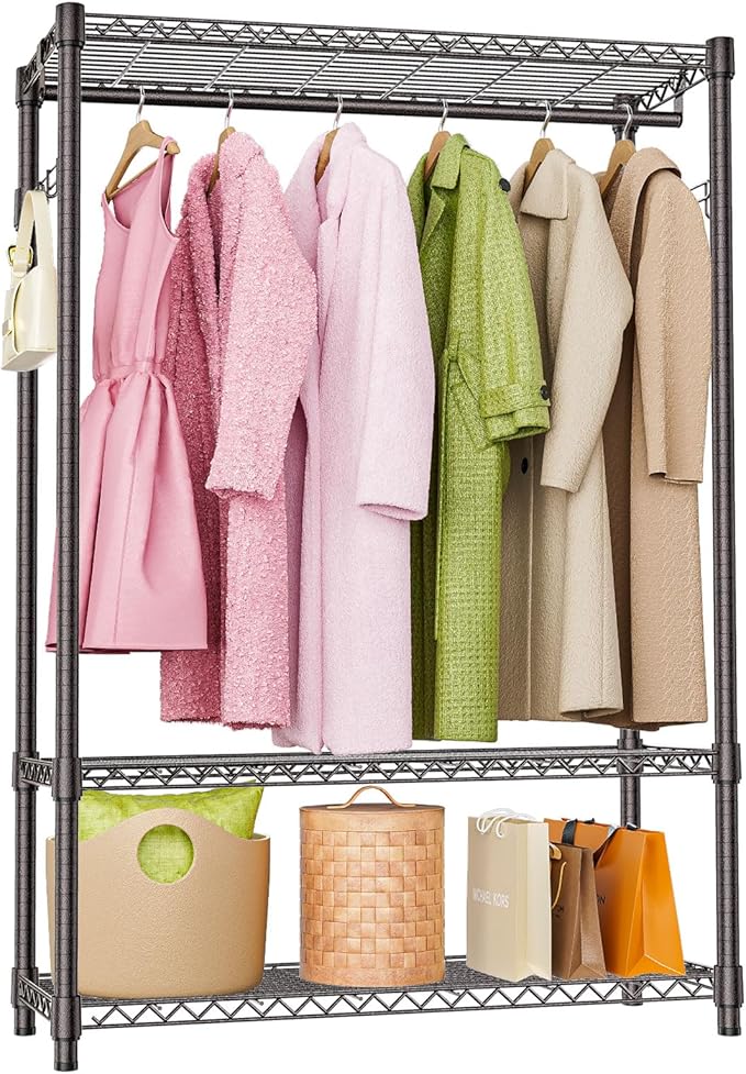 M MZG Heavy Duty Rolling Garment Rack 3 Tiers Adjustable Wire Shelving Clothes Rack with 1 Rods and Side Hooks,Storage Closet Clothing Rack Grey 15.7" D x 45.3" W x 72.4" H