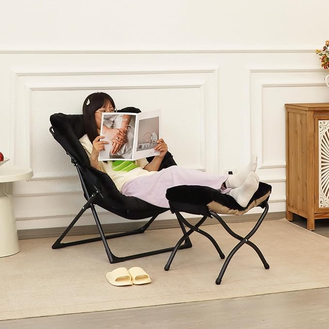 Comfy Saucer Chair for Adults, Soft Faux Fur Bedroom Chair, Accent Dorm Chairs, Flexible Living Room Reading Chairs, Oversized Folding Seat for Teens, X-Large, Black
