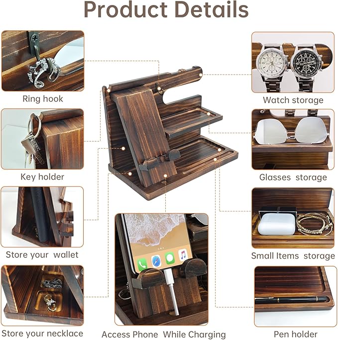 Gifts for Men Wood Phone Docking Station Birthday Gift for Men Valentines Day Gifts Father Gift for Him Boyfriend Nightstand Organizer Desktop Phone Stand (Update Brown)
