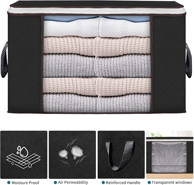 Budding Joy 90 L Large Storage Bags, 10 Pack Clothes Storage Bins Foldable Closet Organizers Storage Containers with Reinforced Handle for Clothing, Blanket, Comforters, Bed Sheets, Pillows (Black)