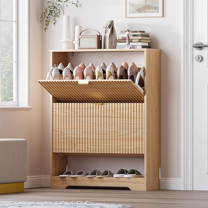 BORNOON Shoe Cabinet with 2 Flip Drawers, Fluted Shoe Storage Cabinet with Adjustable Shelves, Freestanding Rack and Organizer for Entryway, Hallway