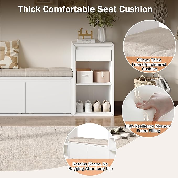 Merax All-in-One Shoe Storage Bench with Cushion & Flip Compartments, Entryway Bench with Drawers and Open Shelves, Solid Wood Storage Bench for Mudroom Hallway Living Room, White