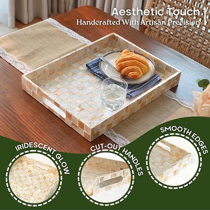CHI AN HOME 15.8” x 11.8” Rectangle Serving Tray with Handles, Capiz Shells Checkered Rectangular Tray for Ottoman Table, Mother of Pearl Decorative Serving Tray for Living Room, Kitchen (Ivory)