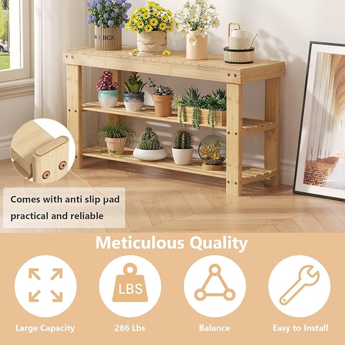 NEWBULIG Shoe Rack Bench, 3-Tier Bamboo Shoe Organizer, Wooden Entryway Storage Bench, 286 lb Load Capacity, 11.2x35.5x17.9 Inches, for Entryway Bathroom Bedroom Balcony, Wood