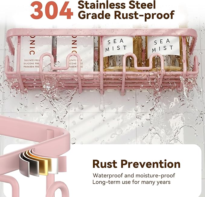 YASONIC Shower Caddy Adhesive 2-Pack, Rustproof Shower Organizer with Holder, No-Drill Shower Shelves for Inside the Shower, Large-Capacity Bathroom Organizers and Storage for Dorms & Renters, Pink