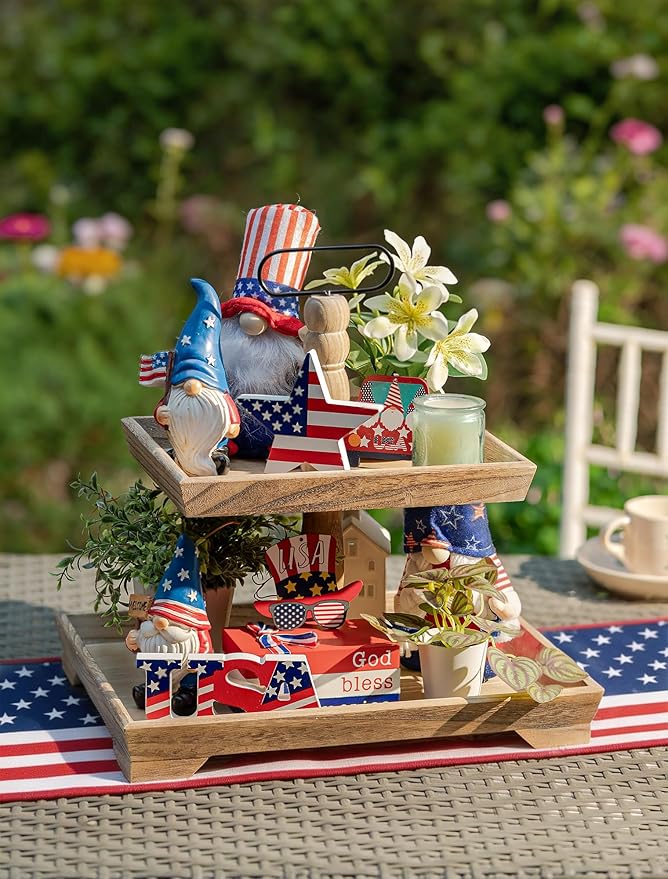 Hanobe Tiered Tray for Table Decor: 4th of July 2 Tier Decorative Tray Stand for Coffee Bar - Large Farmhouse Display Stands for Seasons - Wood for Kitchen Counter Decorations