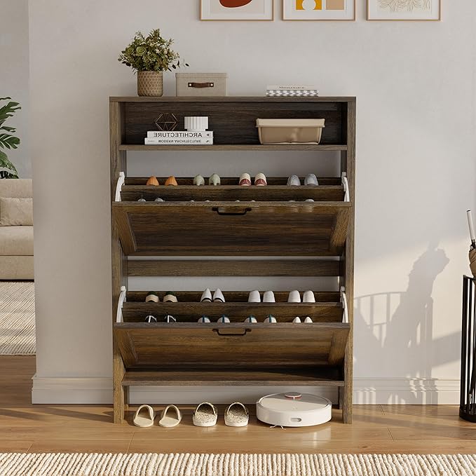 LOUVIXA Shoe Cabinet with 2 Flip Drawers, Narrow Shoe Storage Cabinet, Freestanding Shoe Cabinet Organizer, Hidden Shoe Rack Cabinet for Entryway, Hallway (2-Drawers, Brown/2-drawers)