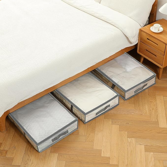 4 Pack Under Bed Storage Containers, Heavy-Duty Material Plastic Underbed Storage Bins, Blanket/Clothes Storage Bags with Lid, Bedding Comforter/Sheet/Closet Organizer and Storage