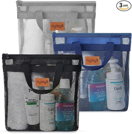 3 Pcs Portable Mesh Shower Caddy Tote, Quick Dry Tote Bag Mesh Beach Bags for Women, Hanging Toiletry and Bath Organizer for Travel Swimming Sports Gym Camp Shopping College Dorms (Black Gray D Blue)