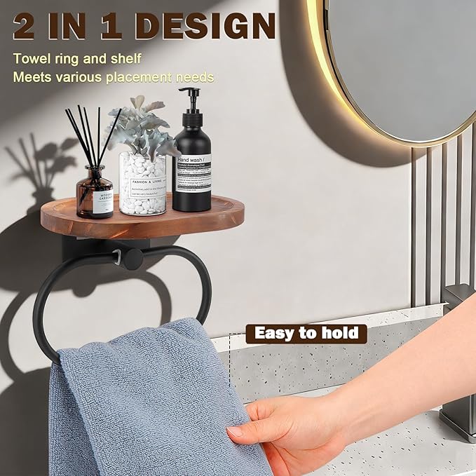 Hand Towel Ring with Shelf, Stainless Steel Hand Towel Holder, Heavy Duty Bath Accessories, Wall Mounted Towel Hanger for Bathroom Kitchen (Wood Black)