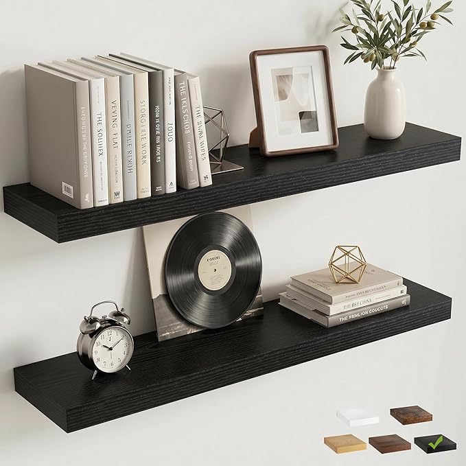 Venusmiles Floating Shelves for Wall, 30 Inch Floating Shelves Set of 2, 6.5" D Wooden Wall Mounted Display Shelves with Invisible Brackets for Living Room, Bedroom, Bathroom, Kitchen Decor, Black